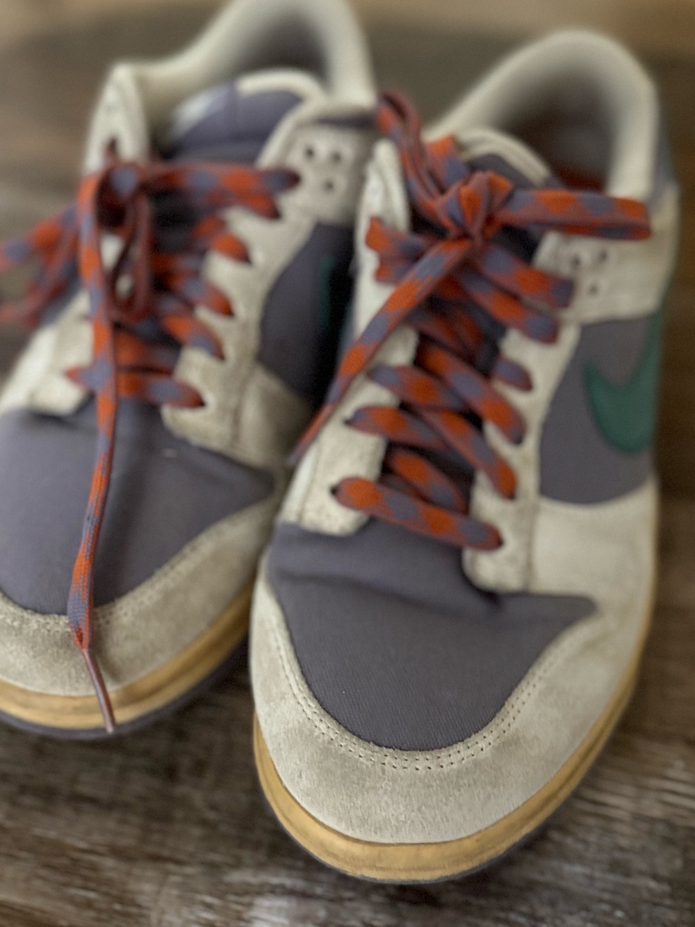 Nike Low-Top Sneakers in Gray, Purple and Green with Orange-Patterned Laces